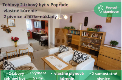Tehlový 2-izbový byt v Poprade – vlastné kúrenie, 2 pivnice a nízke náklady